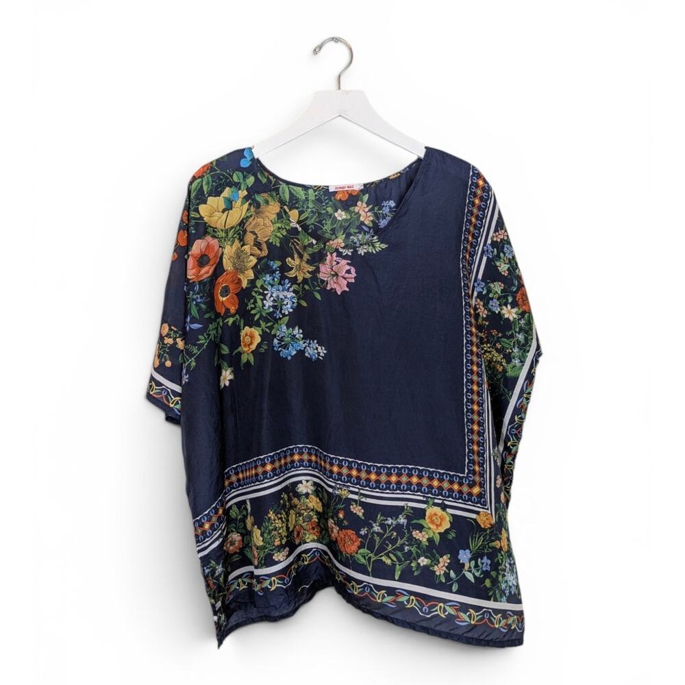 JOHNNY WAS Mixed Floral Top 100% Silk Navy Blue - Size Large